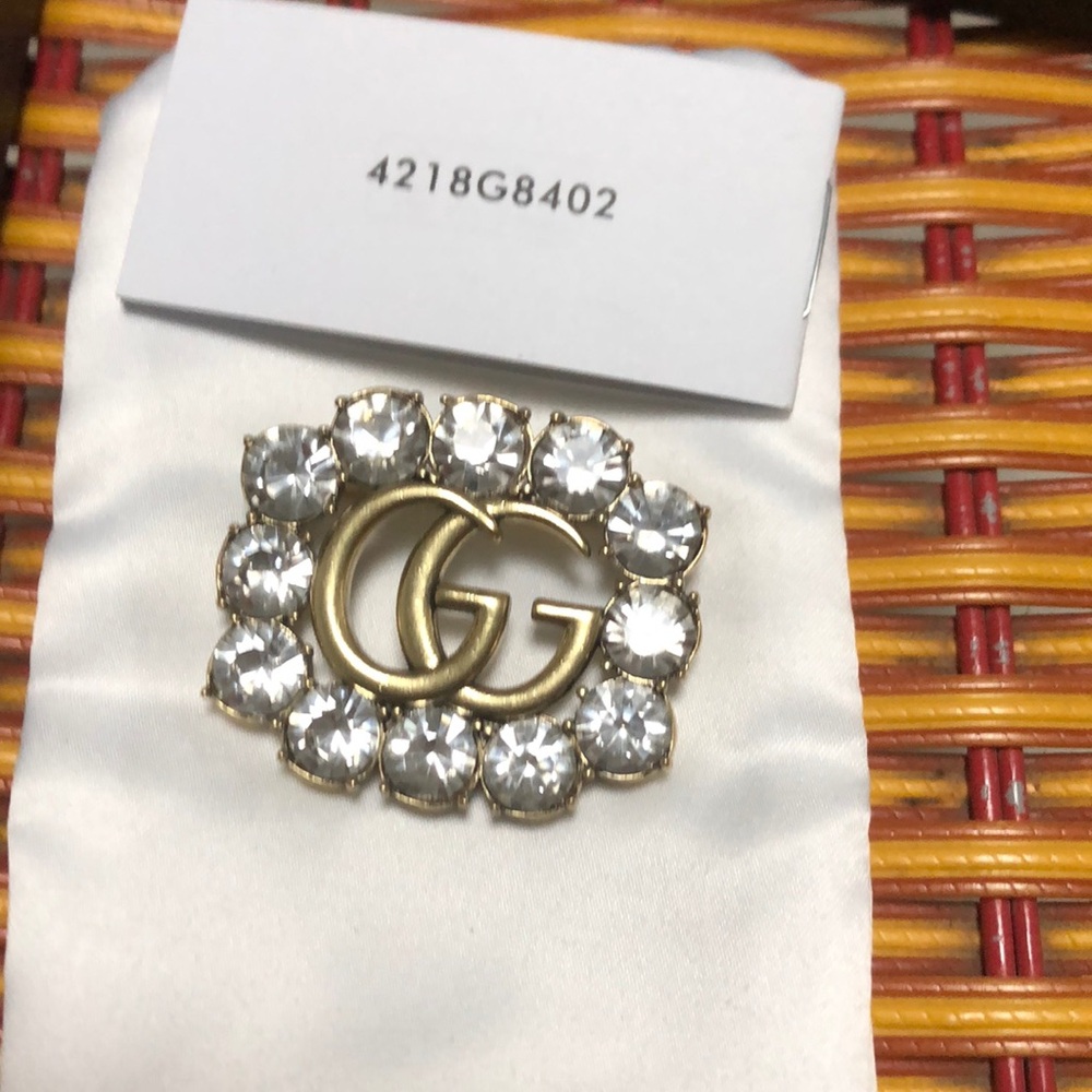 Gucci Gold and silver Crystal Brooch with interlocking G design New
